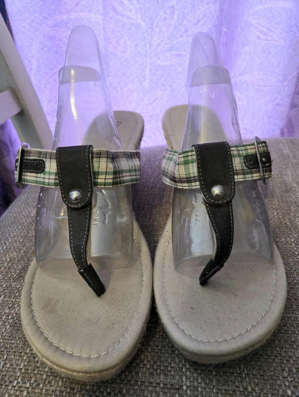 Dexter Green Brown White Plaid Buckle & Thong Wedge Sandals Size 9-1/2